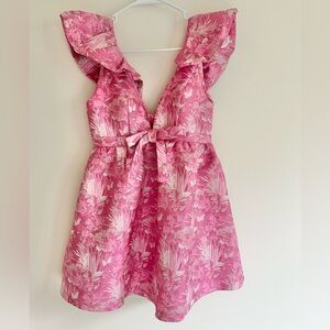 LENA | Pink Flutter Sleeve Floral Jacquard Bow Waist Mini Dress